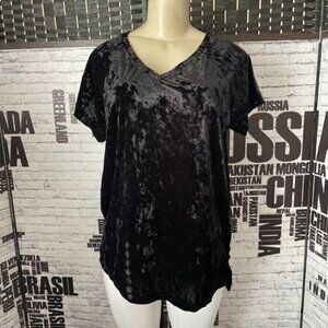 Ellos 10/12 Black Crushed Velour V-Neck Short Sleeve Top